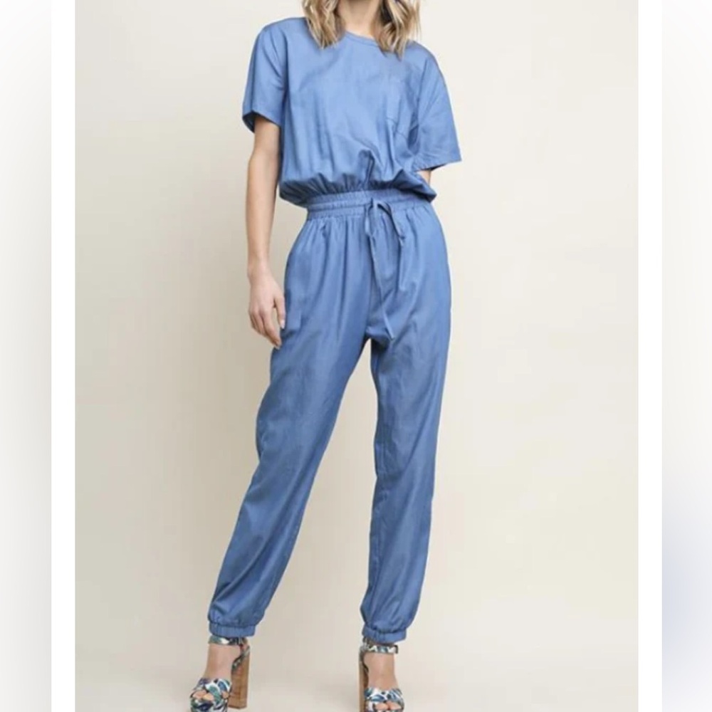 Infer Chambray Blue Pull On Short Sleeve Jogger Jumpsuit Women Size M